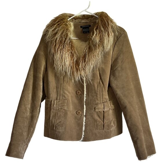 Boston Proper Womens Genuine Leather Suede Jacket With Mongolian Fur Trim Y2K - Picture 1 of 8